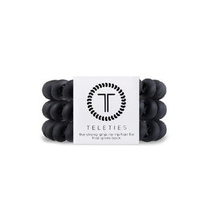 3-pack view of Teleties hair ties in matte black colour