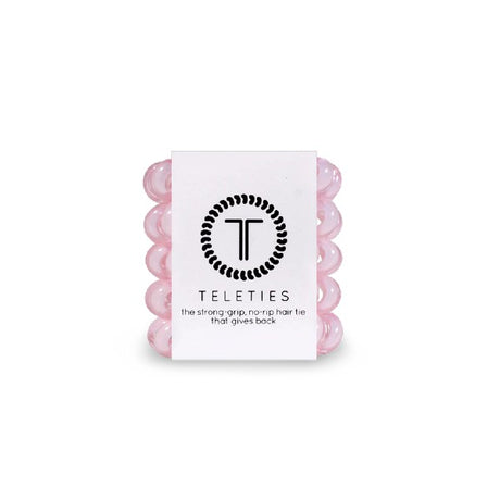 5-pack view of Teleties tiny  hair ties in rose water pink colour