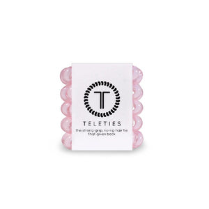 5-pack view of Teleties tiny  hair ties in rose water pink colour