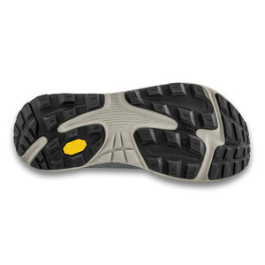 Sole of women's topo athletic mt-5 trail running shoe in charcoal/grey