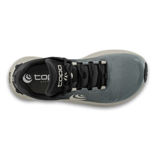 Top view of women's topo athletic mt-5 trail running shoe in charcoal/grey