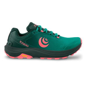 Side view of women's topo athletic mt-5 trail running shoe in emerald/pink