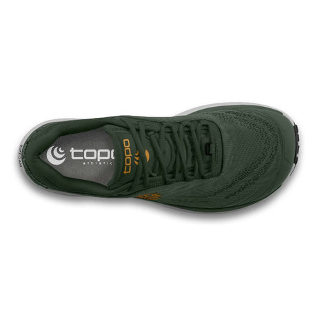 Top view of men's topo athletic pursuit 2 running shoe in green/orange