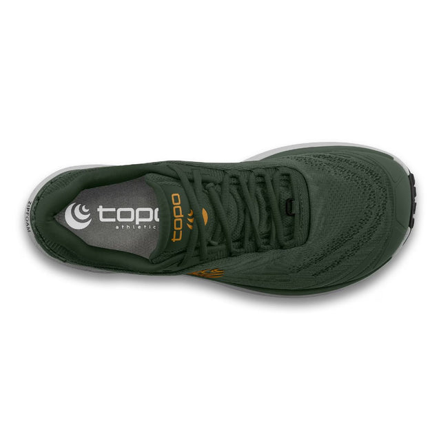 Top view of men's topo athletic pursuit 2 running shoe in green/orange