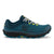 Side view of men's topo athletic pursuit trail running shoe in blue/navy colour