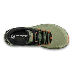 Top view of men's topo athletic pursuit trail running shoe in olive/clay colour