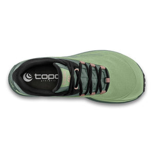 Top view of women's topo athletic pursuit trail running shoe in sage/fossil