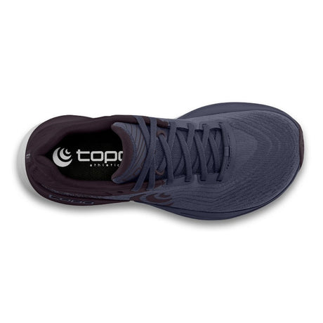 Top view of women's topo athletic ultrafly 5 running shoe in purple/grey colour