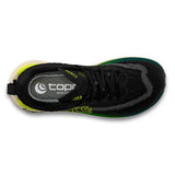 Top view of men's topo athletic Vista running shoe in black/lime colour