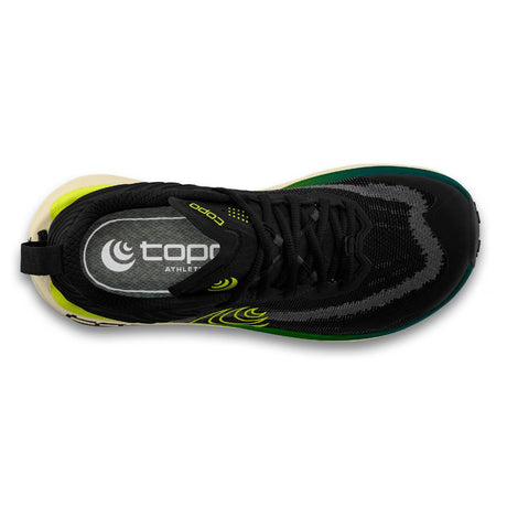 Top view of men's topo athletic Vista running shoe in black/lime colour