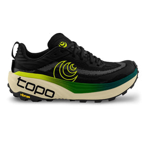 Side view of men's topo athletic Vista running shoe in black/lime colour