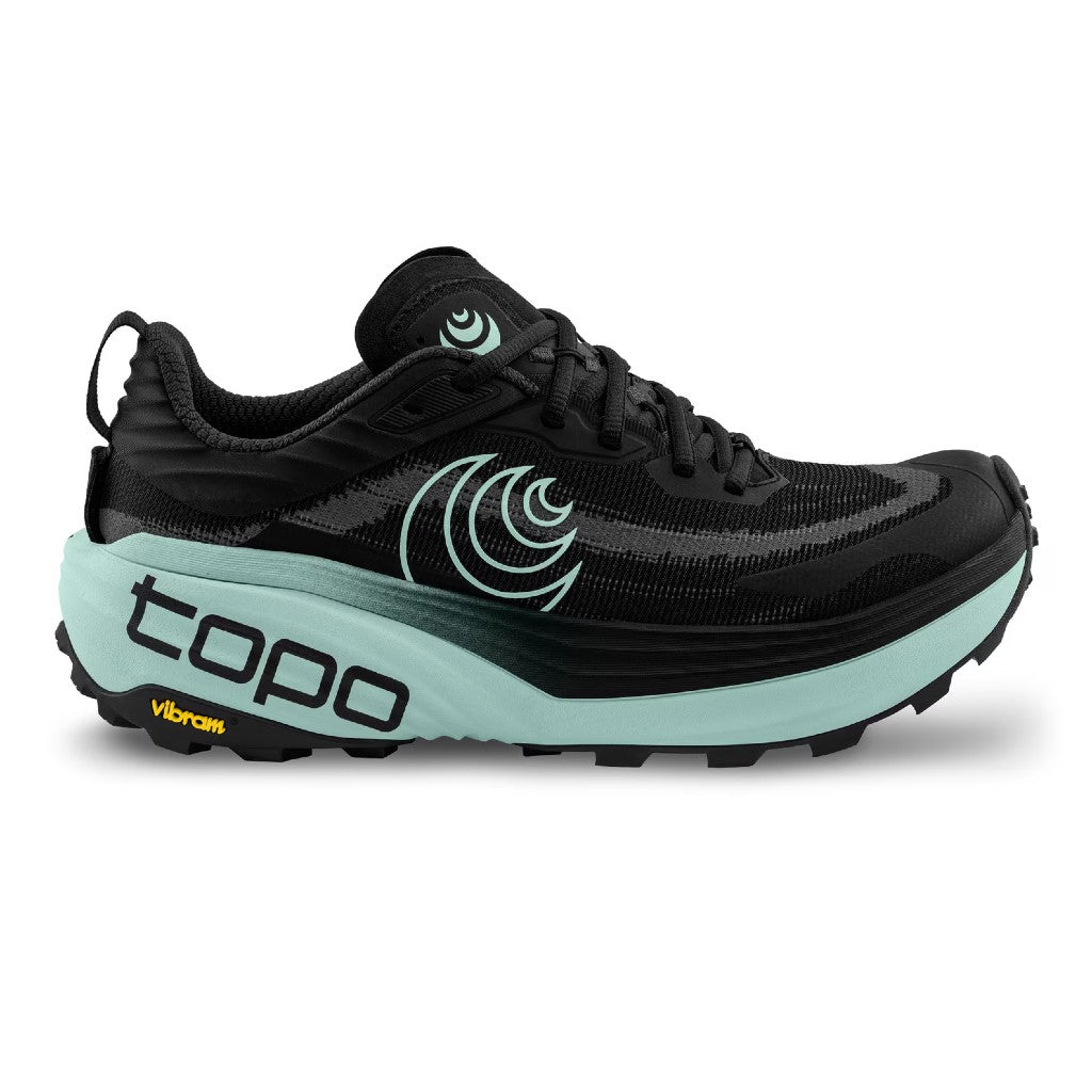 Side view of women's topo athletic Vista running shoe in mint/black colour
