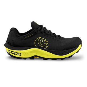 Side view of men's black/lime topo athletic MTN racer 3 running shoe