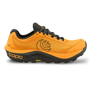 Side view of men's mango/espresso topo athletic MTN racer 3 running shoe