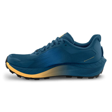 Inner side view of men's blue/orange Topo Athletic MTN Racer trail running shoe