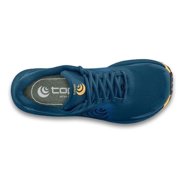 Top view of men's blue/orange Topo Athletic MTN Racer trail running shoe