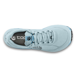 Top view of women's topo athletic mtn racer 3 running shoe in ice/blue colour