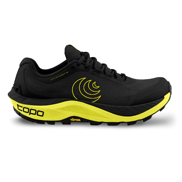 Side view of men's topo athletics mtn racer 3 trail running shoe in black/lime