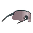 Angled view of tripoint 001 Treriksroset sunglasses, black frame and pink silver lens