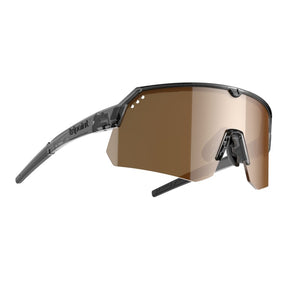 Angled view of tripoint 001 treriksroset polarized sunglasses, clear black frame & brown lens