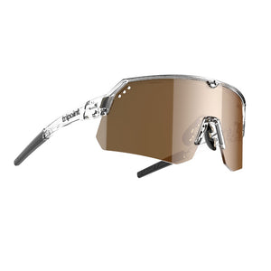 Angled view of tripoint 001 treriksroset polarized sunglasses, clear frame & brown lens