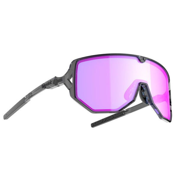 Angled view of tripoint 003 Reschen sunglasses, transparent black frame/high contrast violet lens