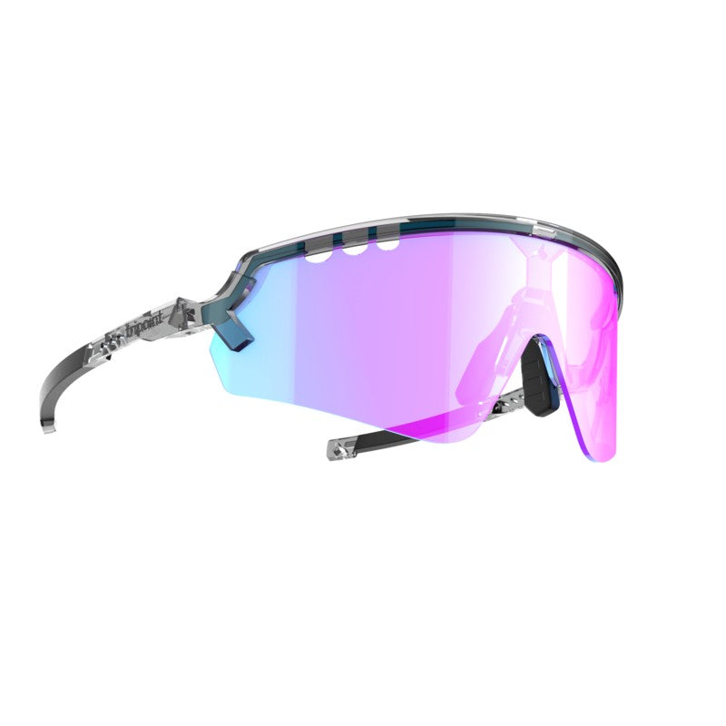 Angled view of tripoint 007 Chobe sunglasses, transparent black frame with high contrast violet lens