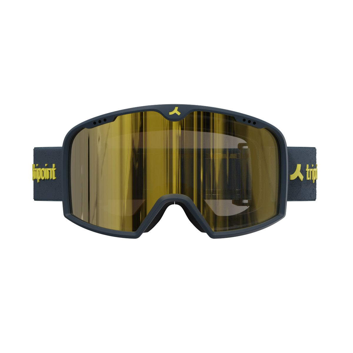 Front view of tripoint 102 snow sport goggles with blue frame & gold multi lens