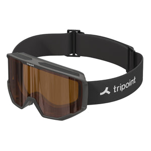 Angled view of tripoint 107 junior snow sport goggles with black frame & amber lens