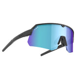 Angled view of tripoint 001 Treriksroset sunglasses, black frame and blue lens