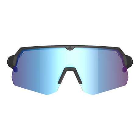 Front view of tripoint 001 Treriksroset sunglasses, black frame and blue lens