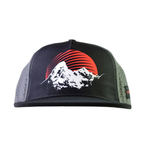 Black cap with mountain and red sun design on a white background