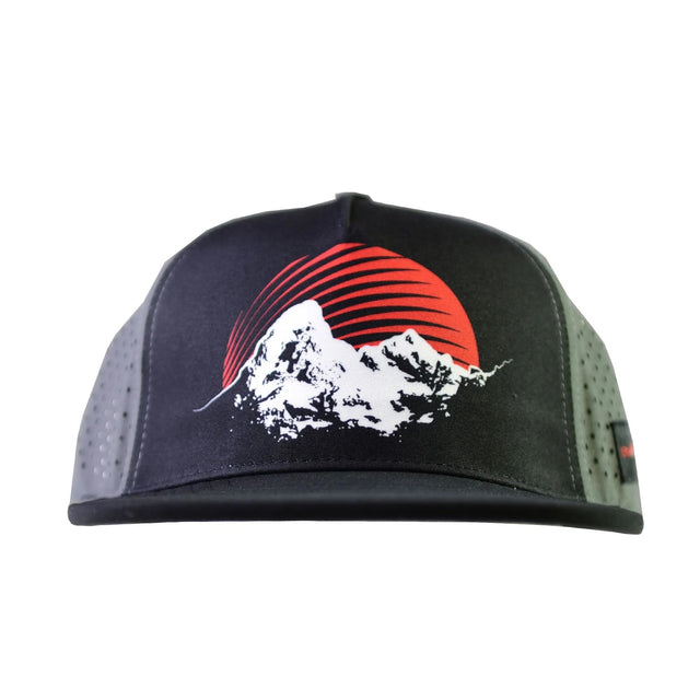 Black cap with mountain and red sun design on a white background