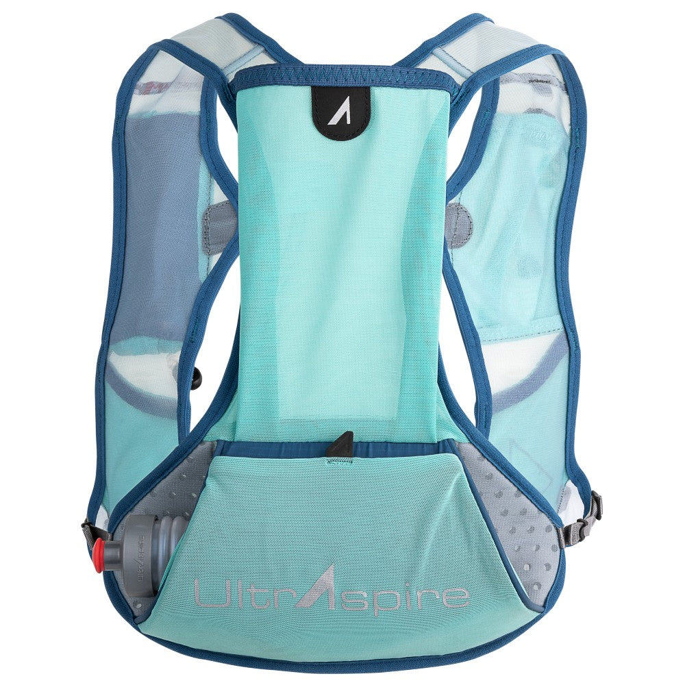 Back view of the UltrAspire Basham race/running vest in lagoon/navy colour