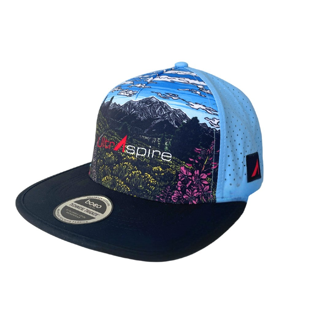 UltrAspire technical trucker hat with meadow graphic