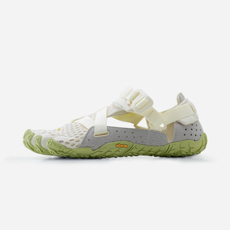 Side view of women's white/green Vibram Breezandal toe shoe