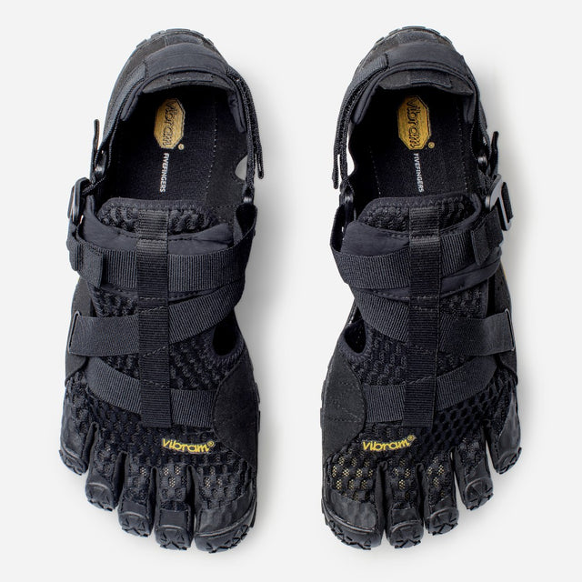 Top view of men's black Vibram Breezandal toe shoes