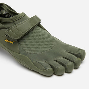 Detail view of men's Vibram FiveFingers KSO Vintage shoe in military green