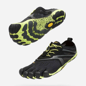 Angled pair view of men's Vibram FiveFinger V-Run shoes in black/yellow