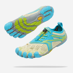 Angled pair view of women's Vibram FiveFingers V-Run shoes in lime/blue