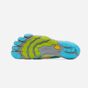 Sole of women's Vibram FiveFingers V-Run shoe in lime/blue