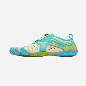 Side view of women's Vibram FiveFingers V-Run shoe in lime/blue