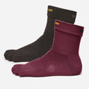 Two vibram mini crew toe-socks, one black and one fig (maroon)