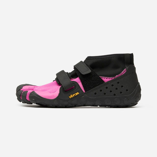 Side view of fuchsia/black Vibram Fivefingers Scramkey toe shoe