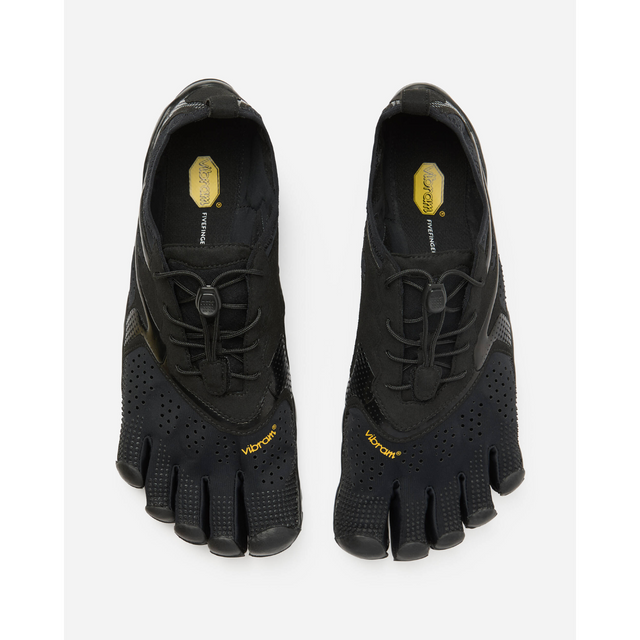 Top view of men's black Vibram V-Run toe shoes