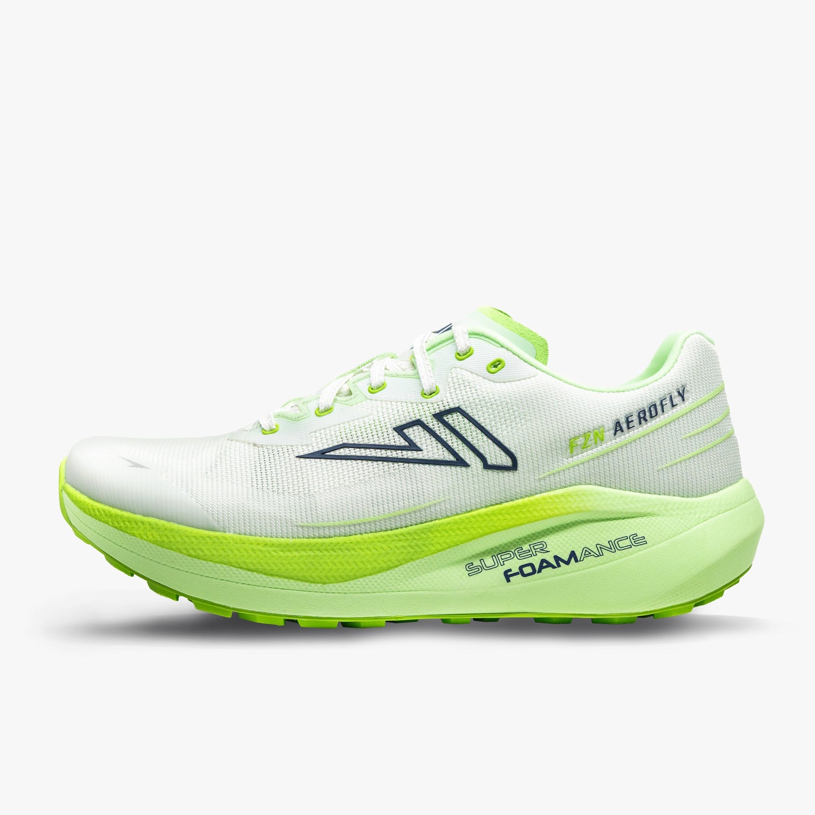 Side view of white/lime VJ Shoes FZN Aerofly road-to-trail running shoe