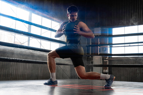 Person performing a lunge in a boxing ring with large windows in the background