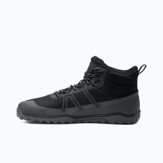 Inner side view of men's black Xero Shoes Scrambler Trail Mid WP hiking boot