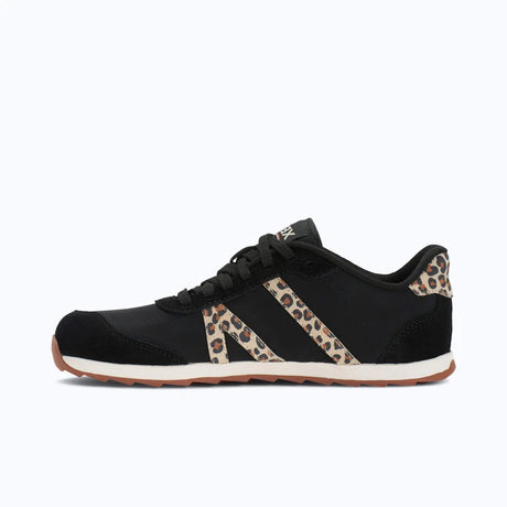 Inner side view of women's black/leopard print Xero Shoes Wynn sneaker