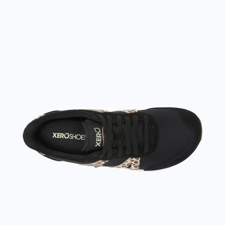 Top view of women's black/leopard print Xero Shoes Wynn sneaker